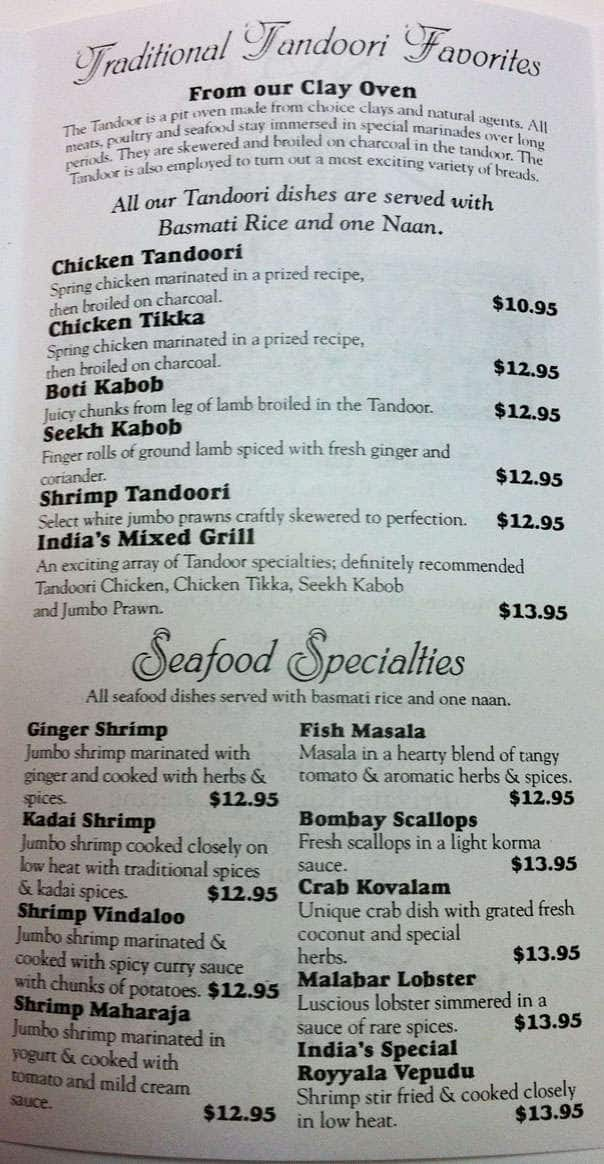 Menu at India's Restaurant, Baton Rouge