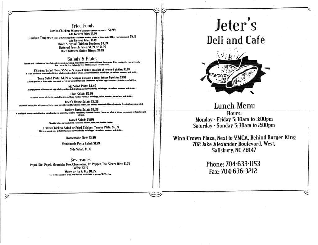 Menu at Jeter's Deli restaurant, Salisbury