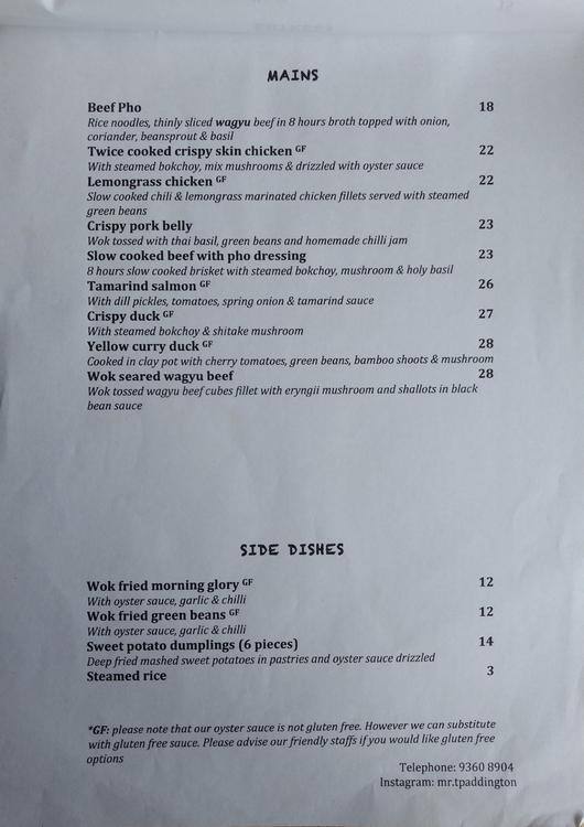 Menu at Mr T restaurant, Paddington