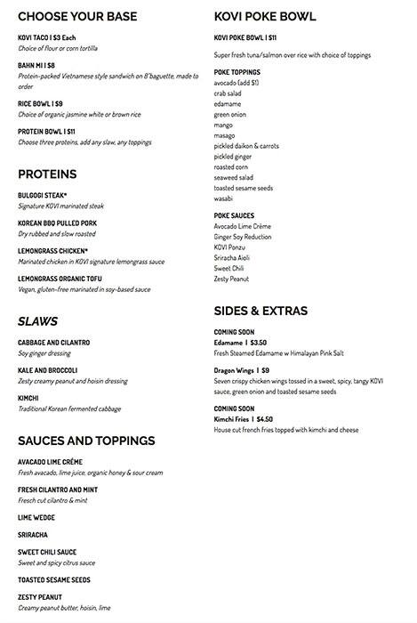 Kovi Asian Street Food Kitchen Menu