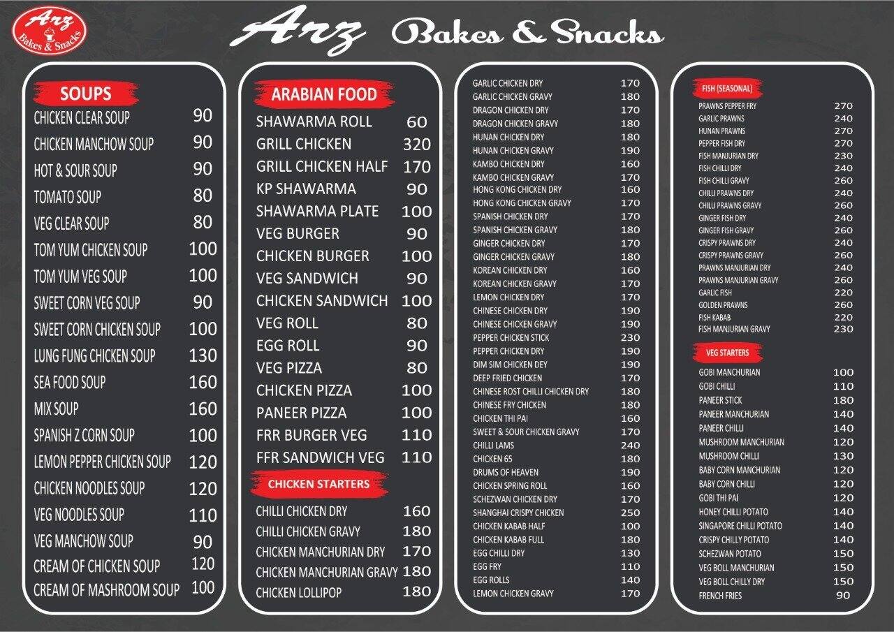Arz bakes & Restaurant menu