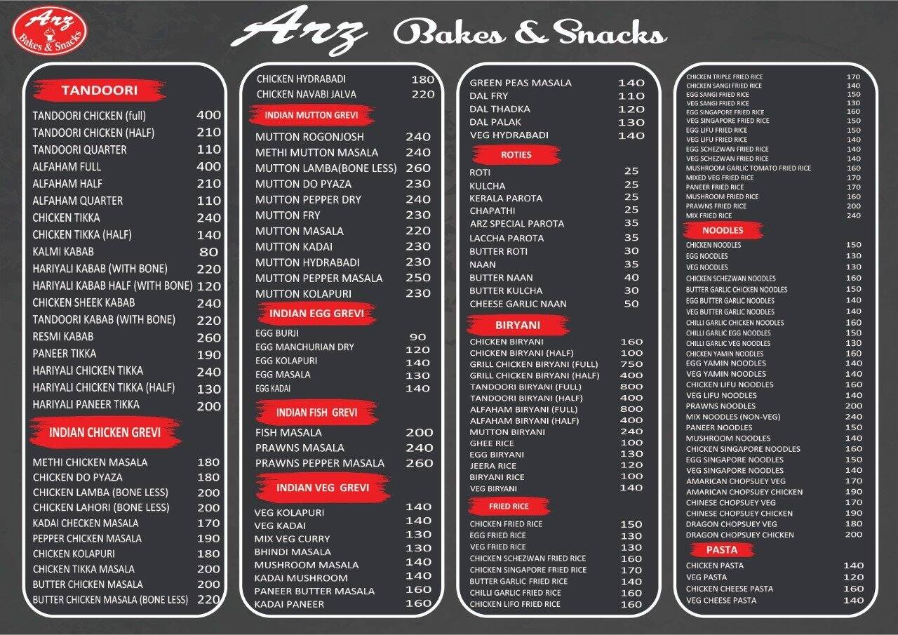 Arz bakes & Restaurant menu