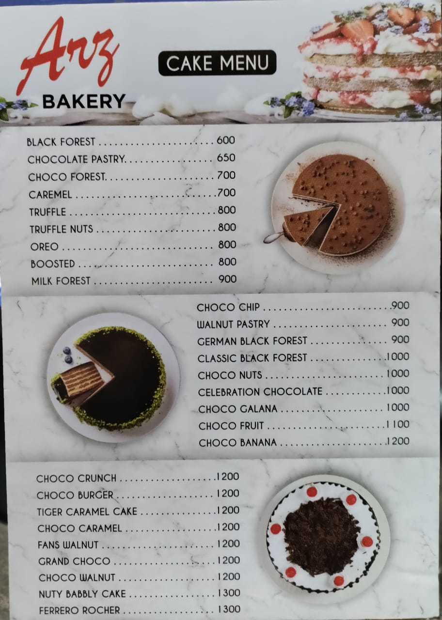 Arz bakes & Restaurant menu