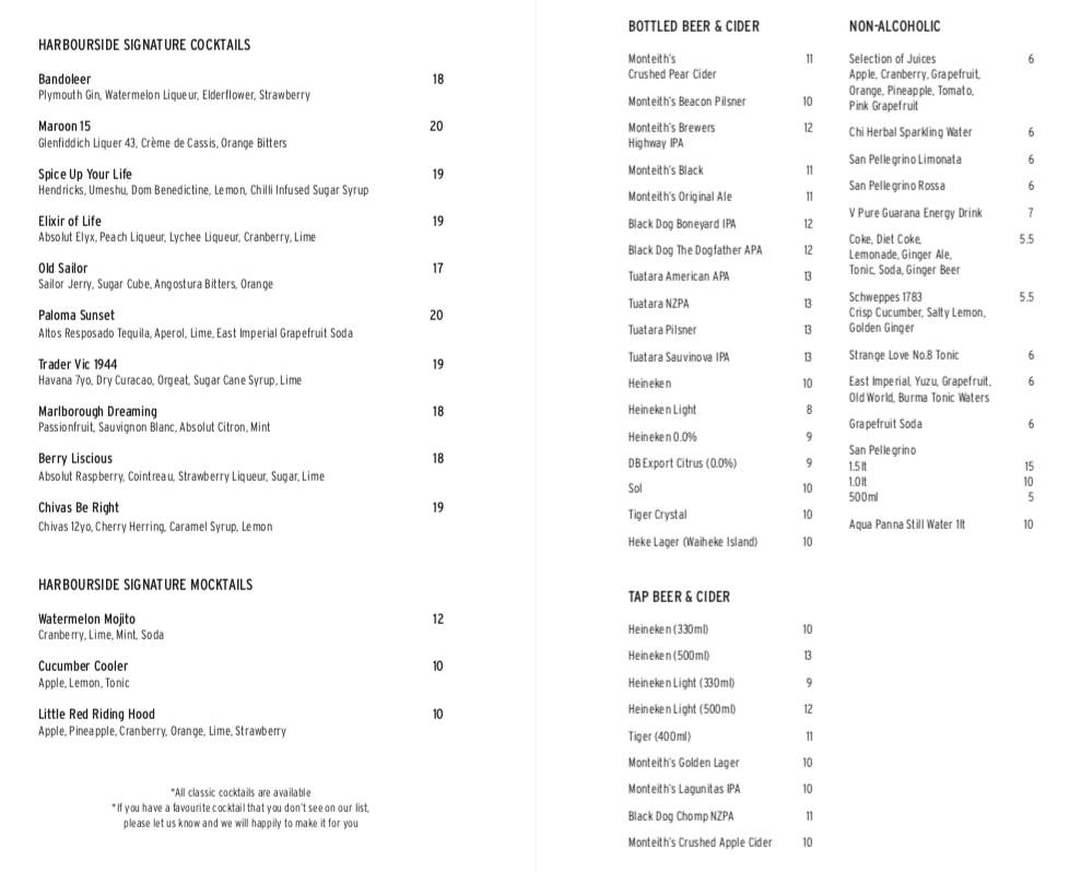 Menu at Harbourside Ocean Bar Grill, Auckland