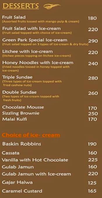 Greenpark menu