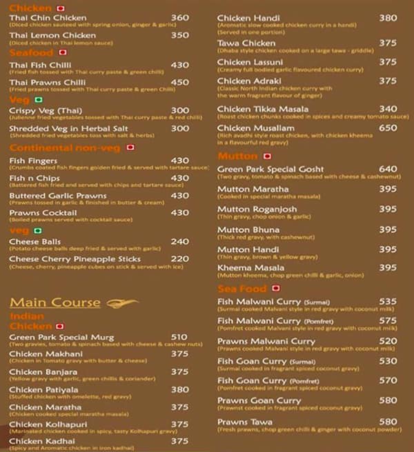 Greenpark menu