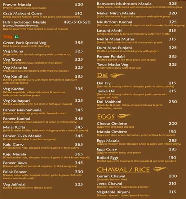 Greenpark menu