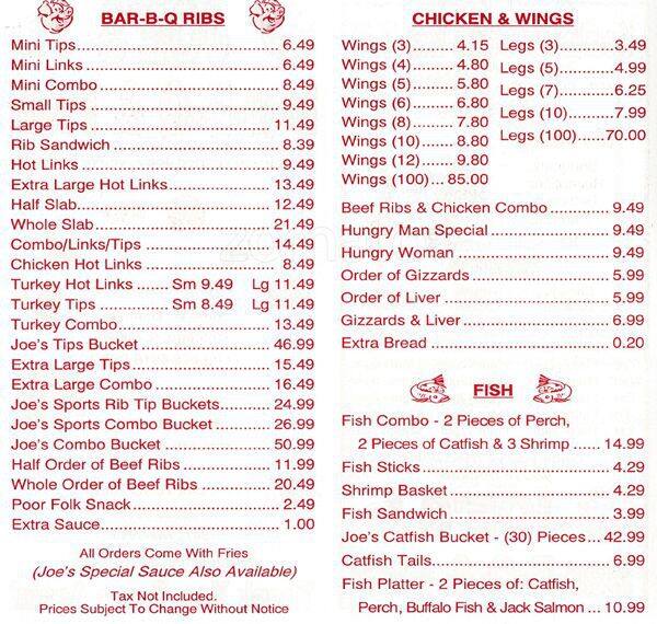 Joe's Barbeque & Fish Menu, Menu for Joe's Barbeque & Fish, Austin