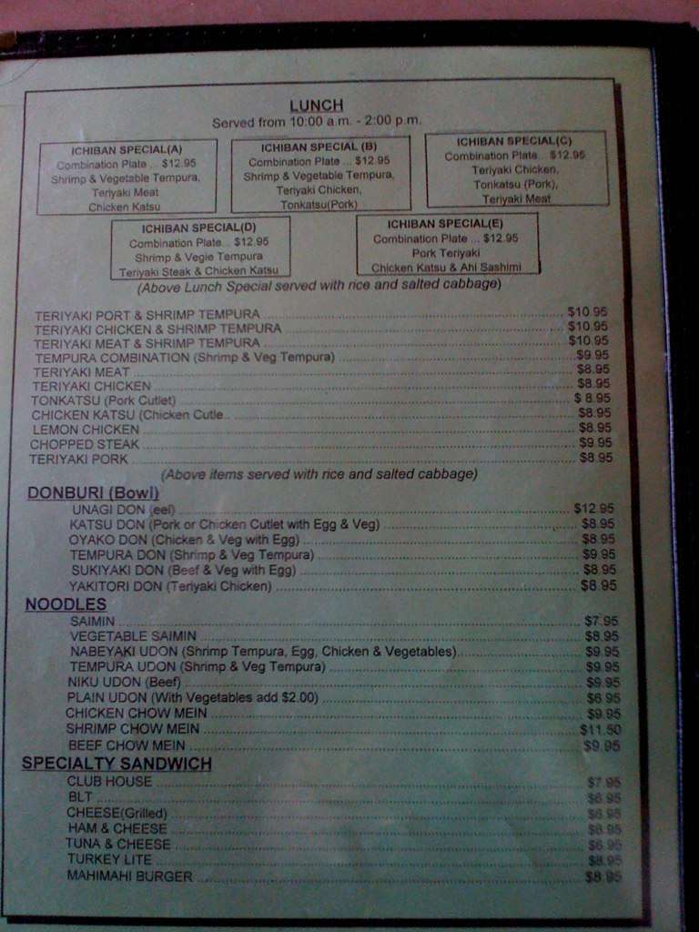 Menu at Ichiban Restaurant & Sushi, Kahului