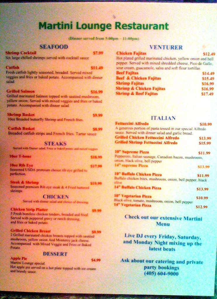 Martini Lounge Menu, Menu for Martini Lounge, Meridian Avenue Hospitality Corridor, Oklahoma