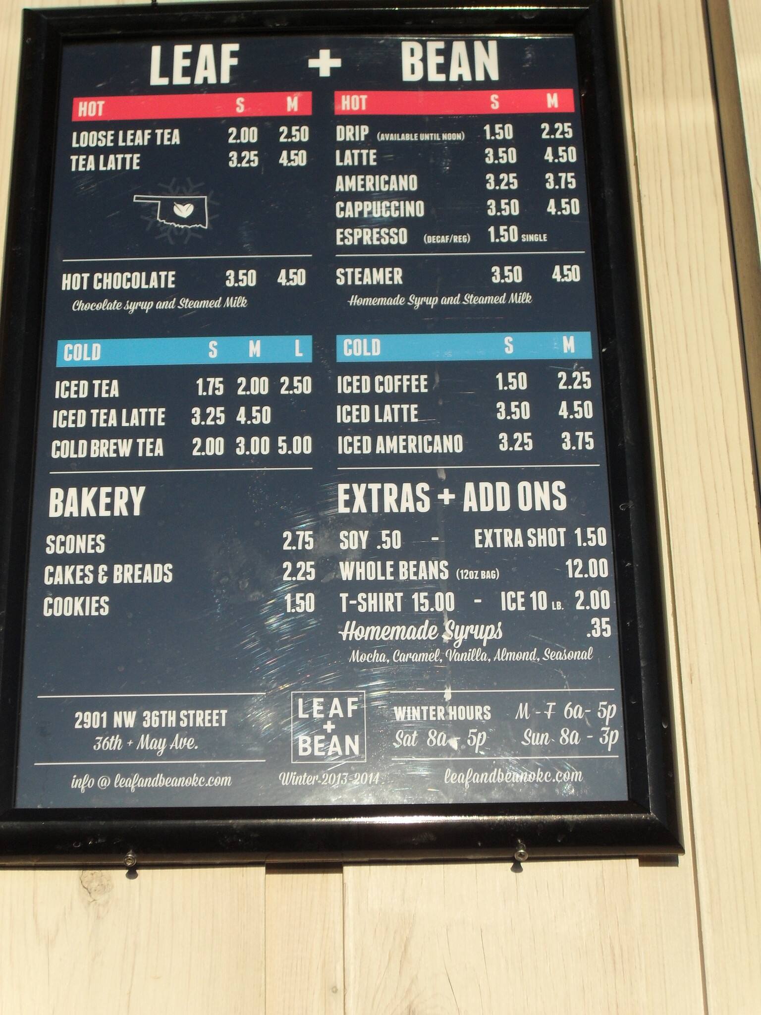 Menu at Leaf + Bean cafe, Oklahoma City, N May Ave