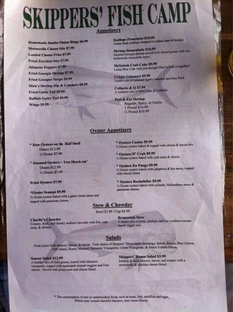 Skippers Fish Camp Menu, Menu for Skippers Fish Camp, Brunswick