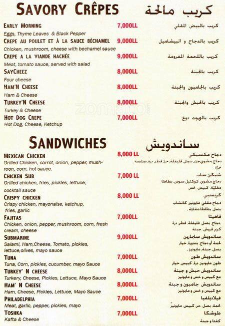 Creppuccino menu