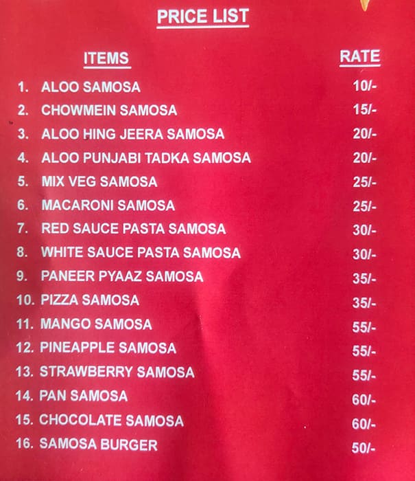 Menu at SAMOSA HOTSPOT, Meerut