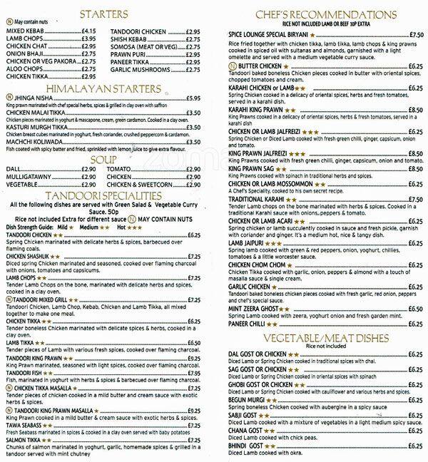 Spice Lounge Menu, Menu de Spice Lounge, Northern Quarter, Manchester