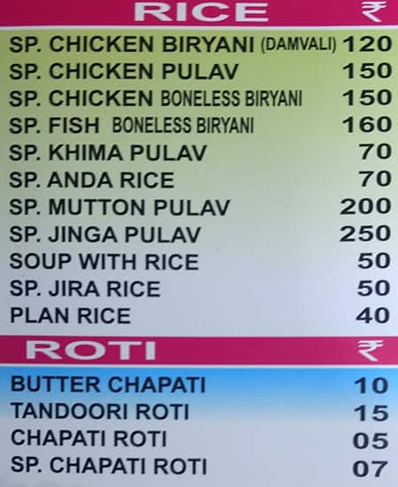 Akbari Hotel menu