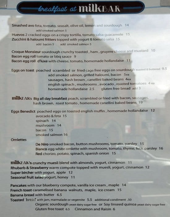 Milk Bar & Grill Menu, Menu for Milk Bar & Grill, Newtown, Sydney