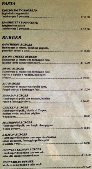 Menu di Indiana milano 