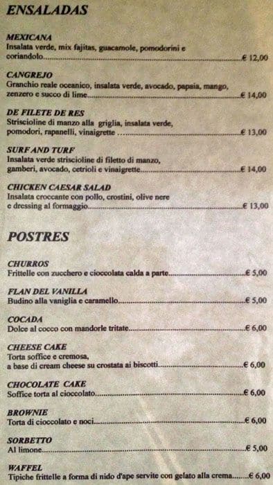 Menu di Indiana milano 