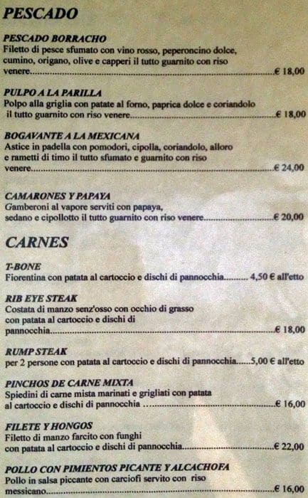 Menu di Indiana milano 