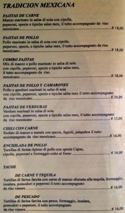 Menu di Indiana milano 