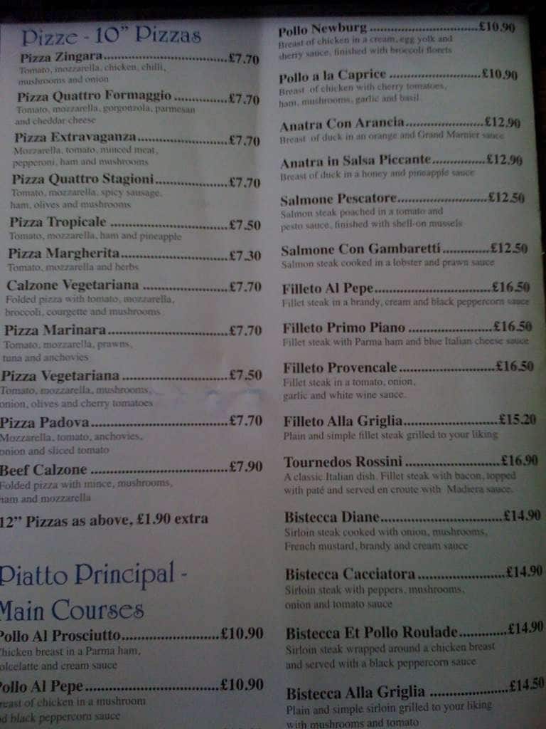 Menu at Primo Piano restaurant, Leek