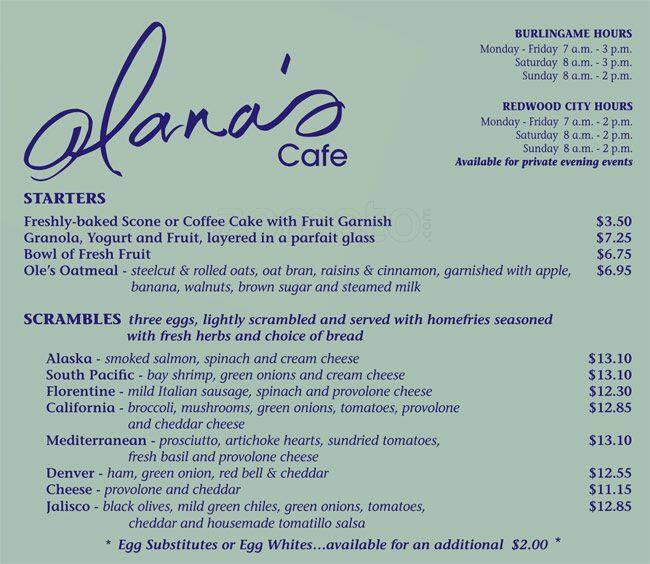 Menu at Alana's Cafe, Redwood City
