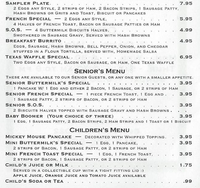 Menu at Buttermilk Cafe, Bedford