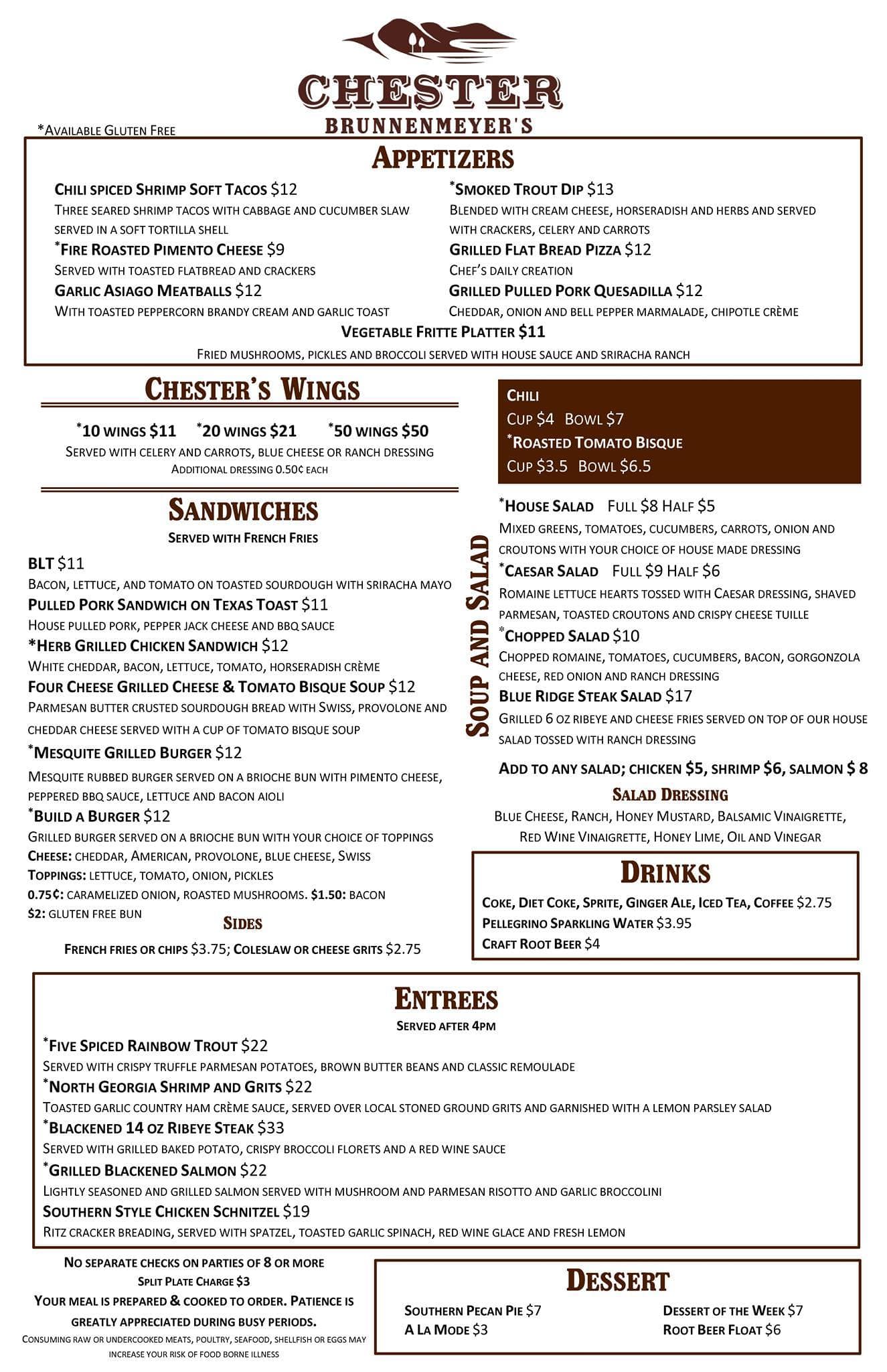 Chester Brunnenmeyer S Bar Gril Menu