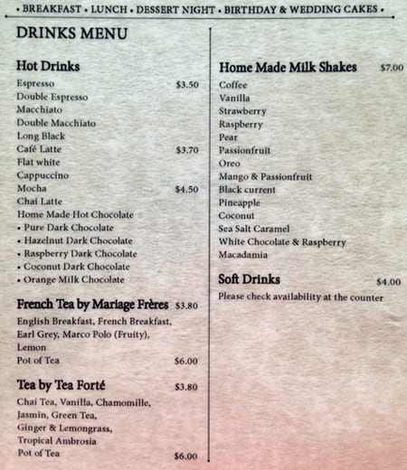 Menu at La Madeleine cafe, Norwood