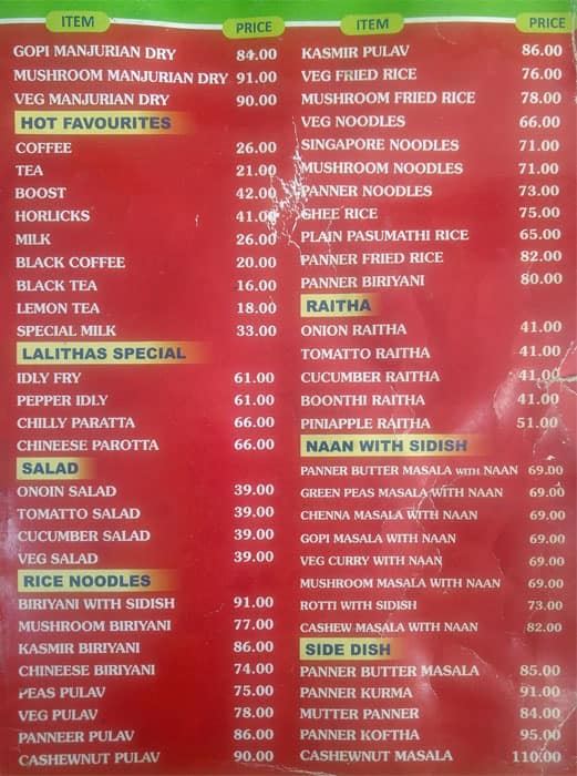 Hotel Sri Lalithas menu