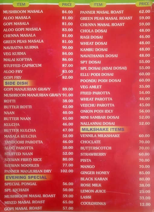 Hotel Sri Lalithas menu