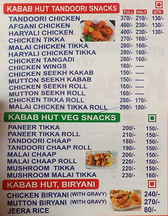 Kabab Hut menu