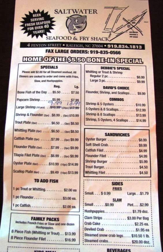 Menu at Saltwater Seafood & Fry Shack restaurant, Raleigh