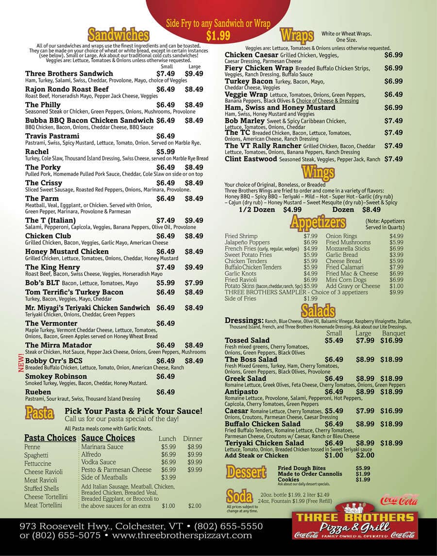 Menu at Three Brothers Pizza and Grill pizzeria, Colchester