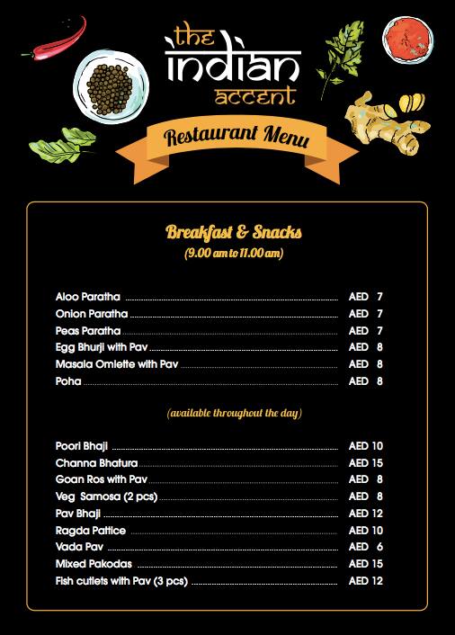 The Indian Accent Menu, Menu for The Indian Accent, Al Markaziya, Abu