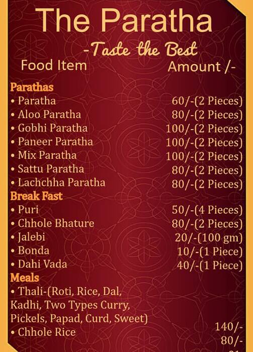 Menu of The Paratha, Meerpet, Hyderabad
