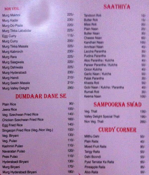 Menu at Valley Delight Food Court, Dehradun