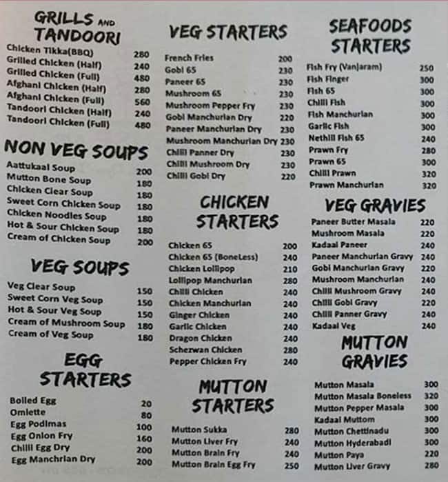 Menu of Hotel Food Paradise, Heritage Town, Puducherry