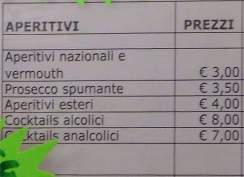Bar Paradisi Speisekarte