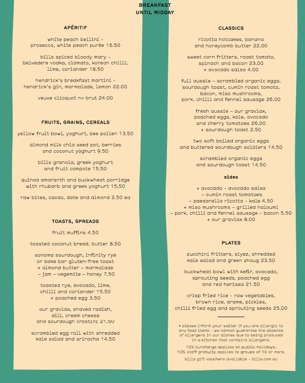 Bills Menu, Menu for Bills, Darlinghurst, Sydney Urbanspoon/Zomato