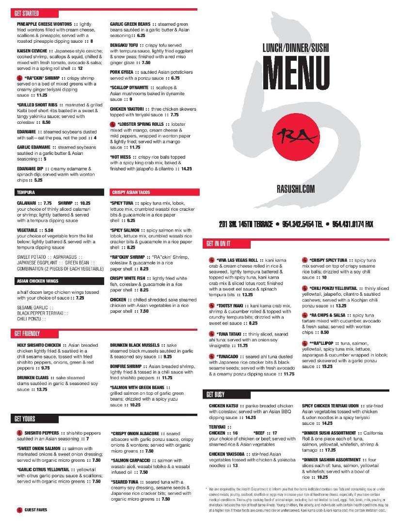 Menu at RA Sushi Bar Restaurant, Miramar, 201 SW 145th Terrace