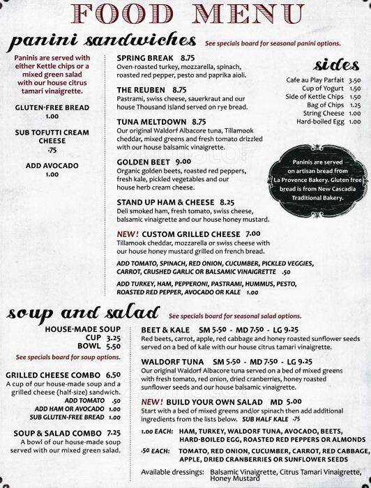 Cafe au Play Menü, Cafe au Play, Richmond, Portland için Menü