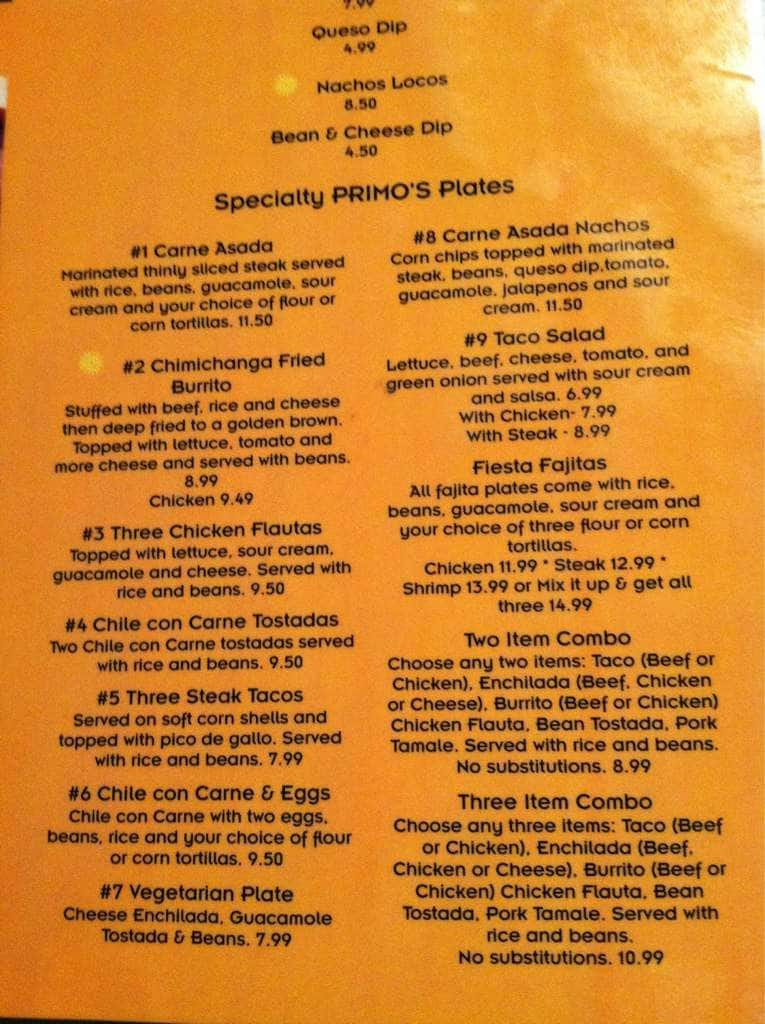 Menu at Primo's pub & bar, Council Bluffs