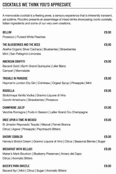 Menu at Piccolino Heddon Street restaurant, London, 21 Heddon St