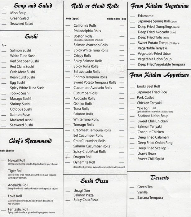 Urawa Sushi menu