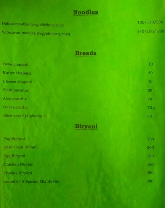 Anand's 44 Restaurant With Bar menu