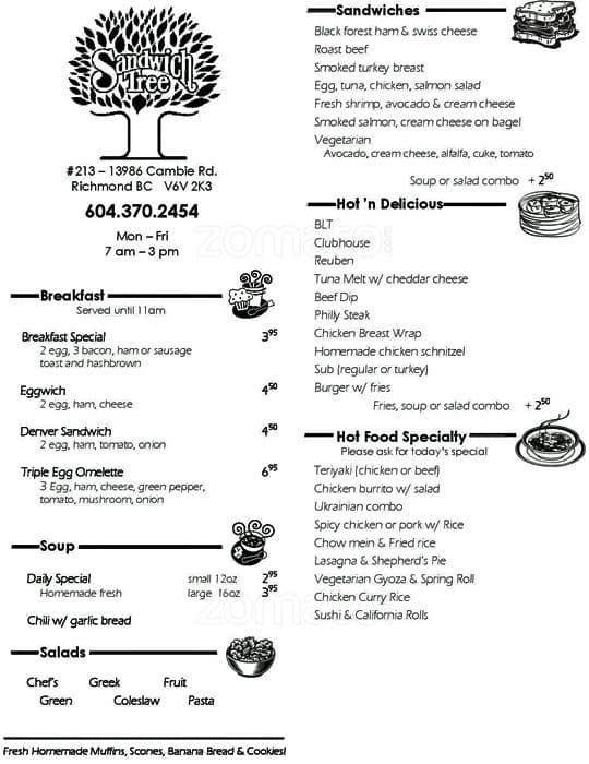Sandwich Tree Menu, Menu for Sandwich Tree, Central Burnaby, Burnaby