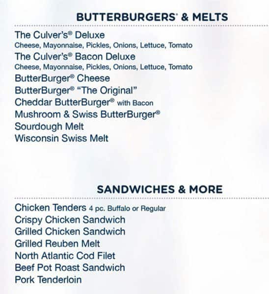 Menu at Culver's fast food, Austin, W Braker Ln