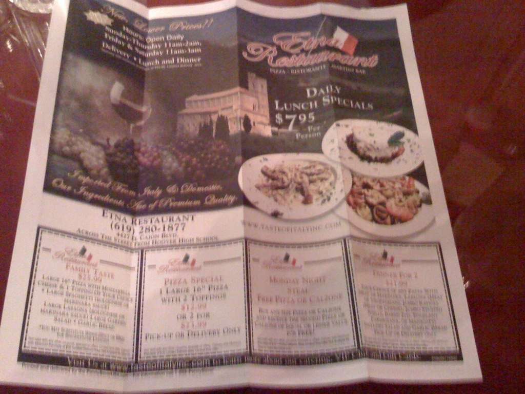 Menu at Etna Restaurant, San Diego